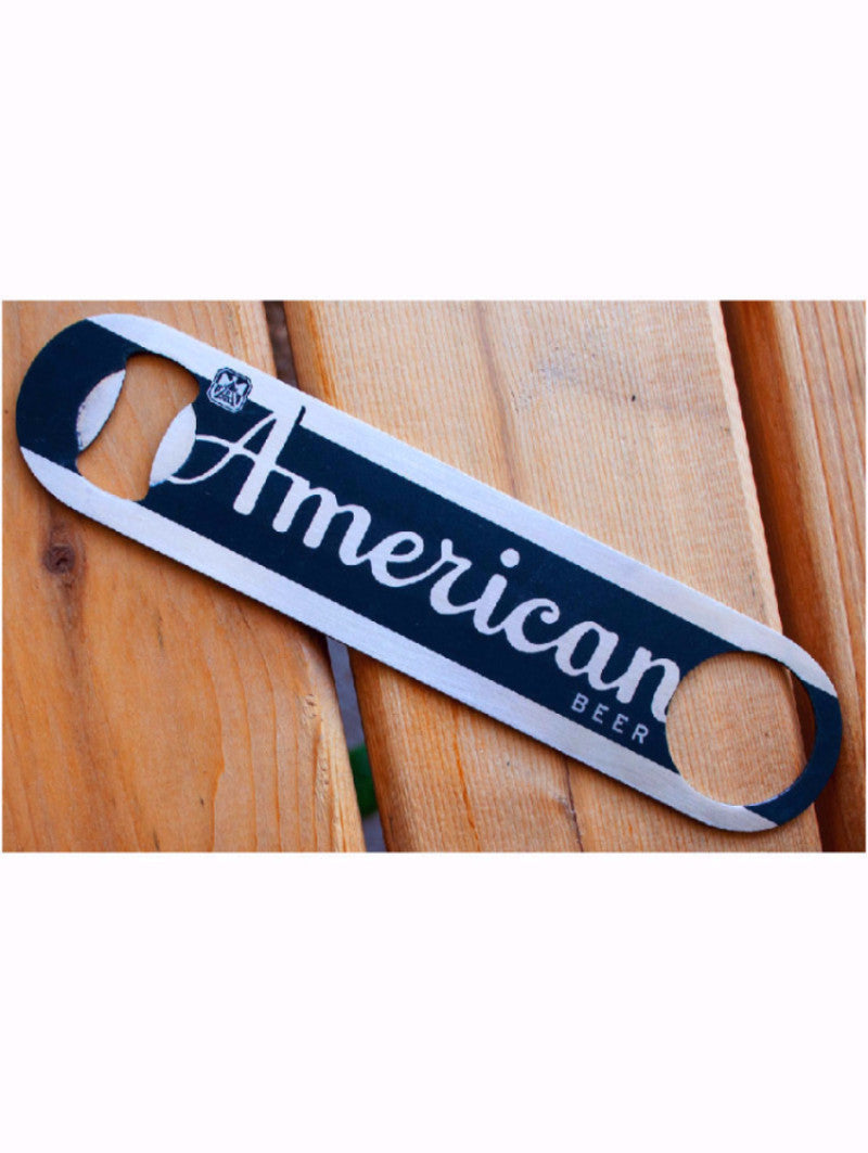 Stainless steel bottle opener. American Beer.